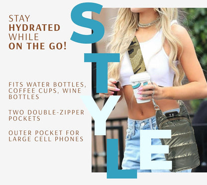 Original Crossbody Water Bottle Holder Bag with Strap.Stylish Puffer Bag.Pockets for Phone & Accessories.BEST GIFT
