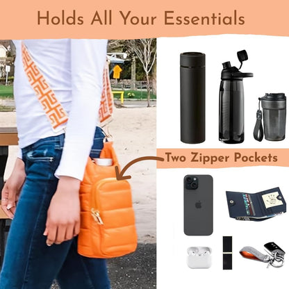 Original Crossbody Water Bottle Holder Bag with Strap.Stylish Puffer Bag.Pockets for Phone & Accessories.BEST GIFT