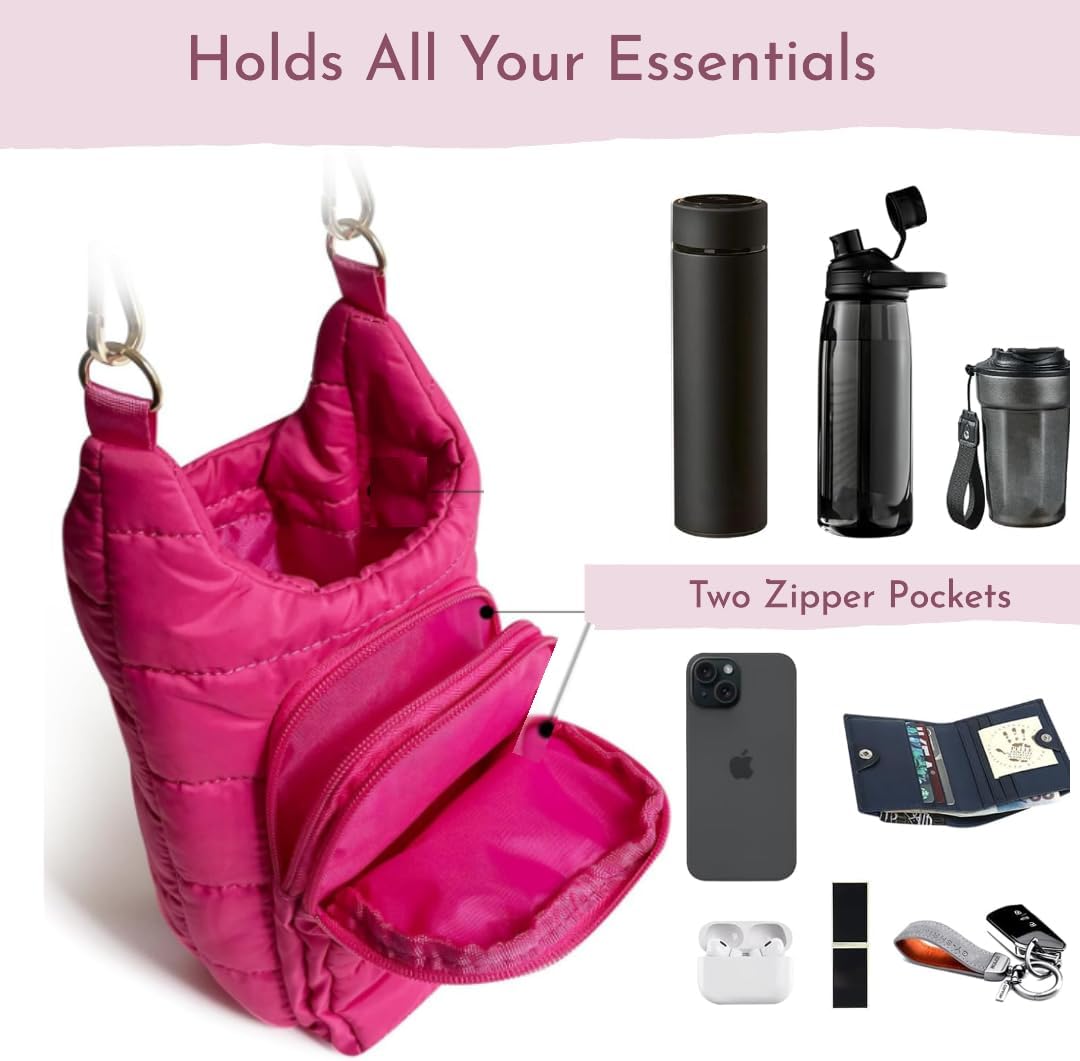 Original Crossbody Water Bottle Holder Bag with Strap.Stylish Puffer Bag.Pockets for Phone & Accessories.BEST GIFT