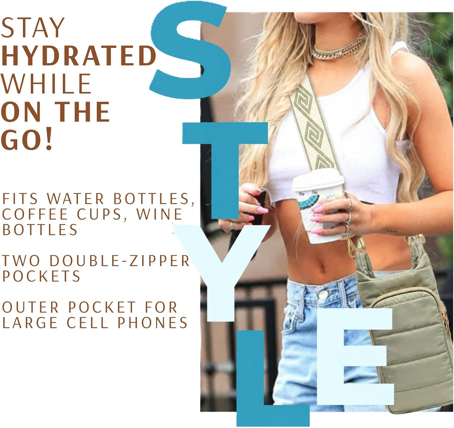Original Crossbody Water Bottle Holder Bag with Strap.Stylish Puffer Bag.Pockets for Phone & Accessories.BEST GIFT