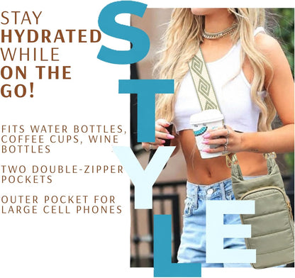 Original Crossbody Water Bottle Holder Bag with Strap.Stylish Puffer Bag.Pockets for Phone & Accessories.BEST GIFT