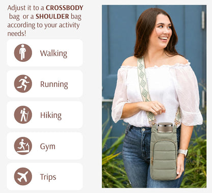 Original Crossbody Water Bottle Holder Bag with Strap.Stylish Puffer Bag.Pockets for Phone & Accessories.BEST GIFT