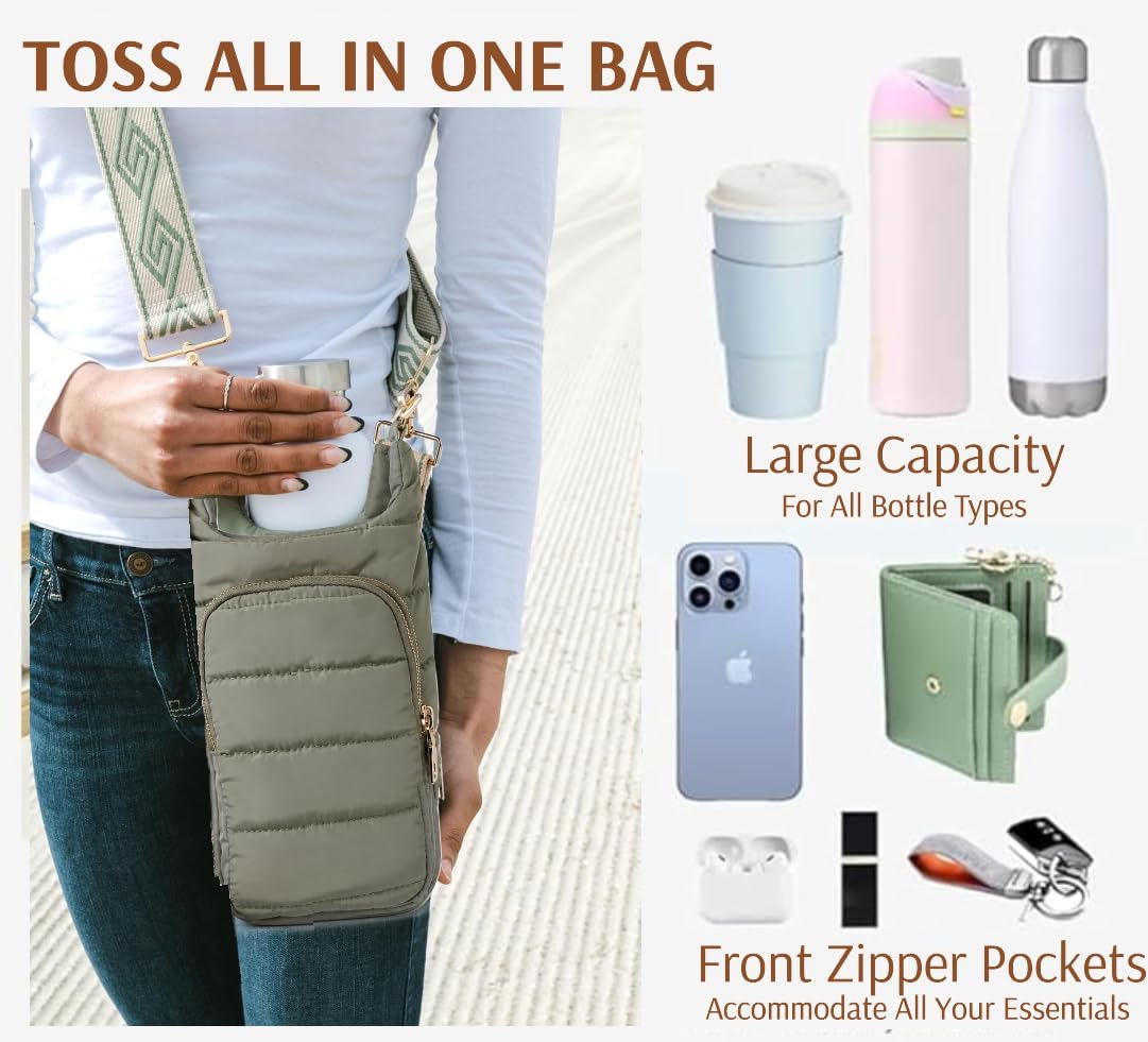 Original Crossbody Water Bottle Holder Bag with Strap.Stylish Puffer Bag.Pockets for Phone & Accessories.BEST GIFT