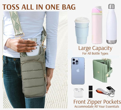 Original Crossbody Water Bottle Holder Bag with Strap.Stylish Puffer Bag.Pockets for Phone & Accessories.BEST GIFT