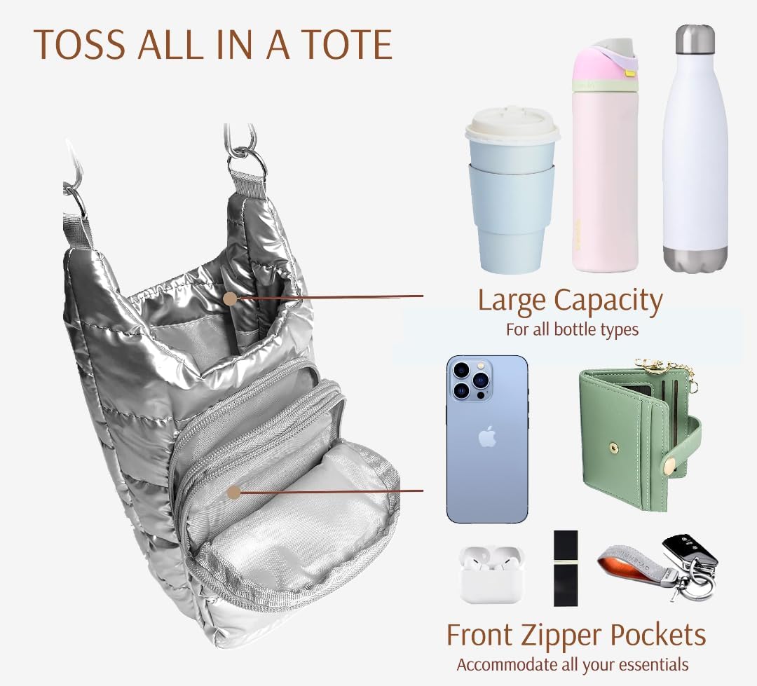 Original Crossbody Water Bottle Holder Bag with Strap.Stylish Puffer Bag.Pockets for Phone & Accessories.BEST GIFT