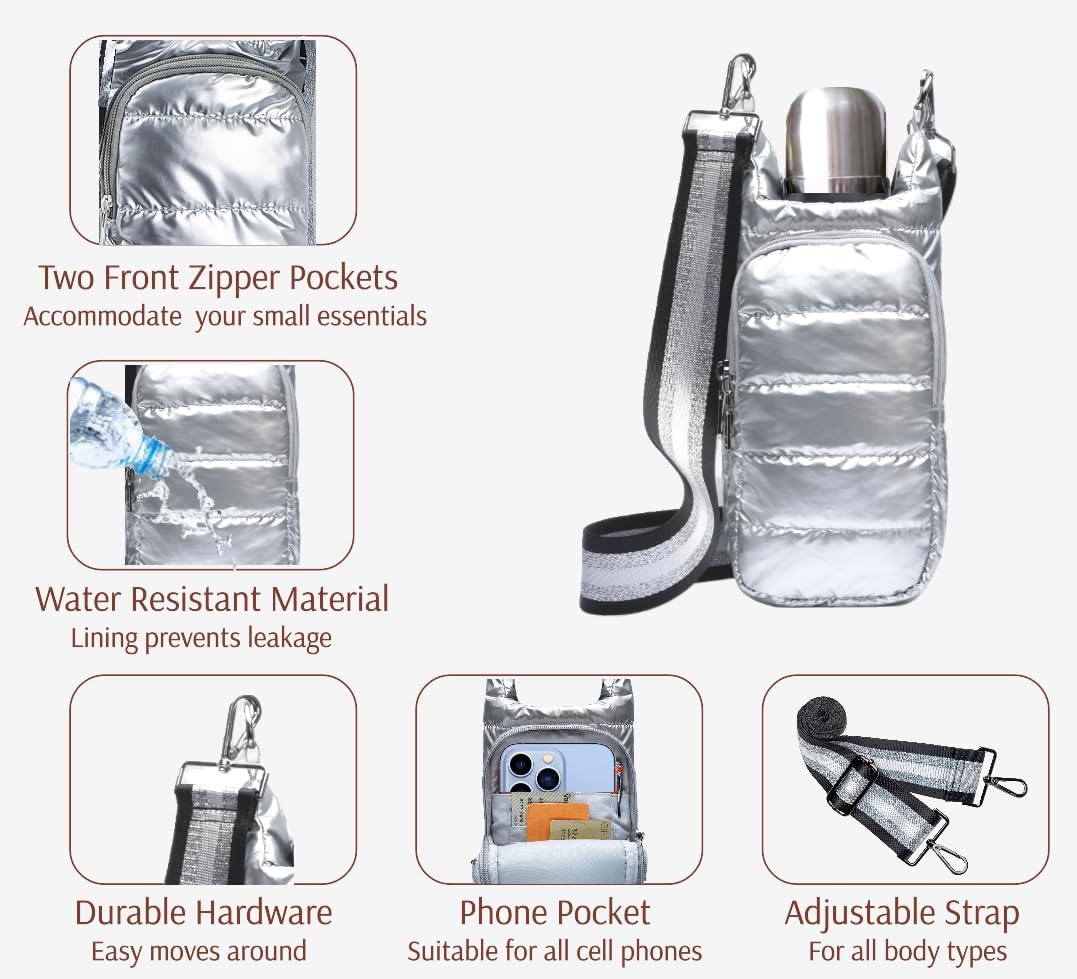 Original Crossbody Water Bottle Holder Bag with Strap.Stylish Puffer Bag.Pockets for Phone & Accessories.BEST GIFT