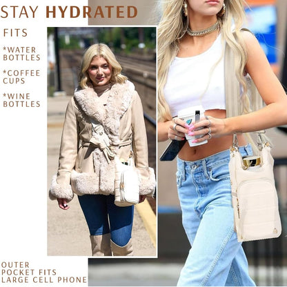 Original Crossbody Water Bottle Holder Bag with Strap.Stylish Puffer Bag.Pockets for Phone & Accessories.BEST GIFT