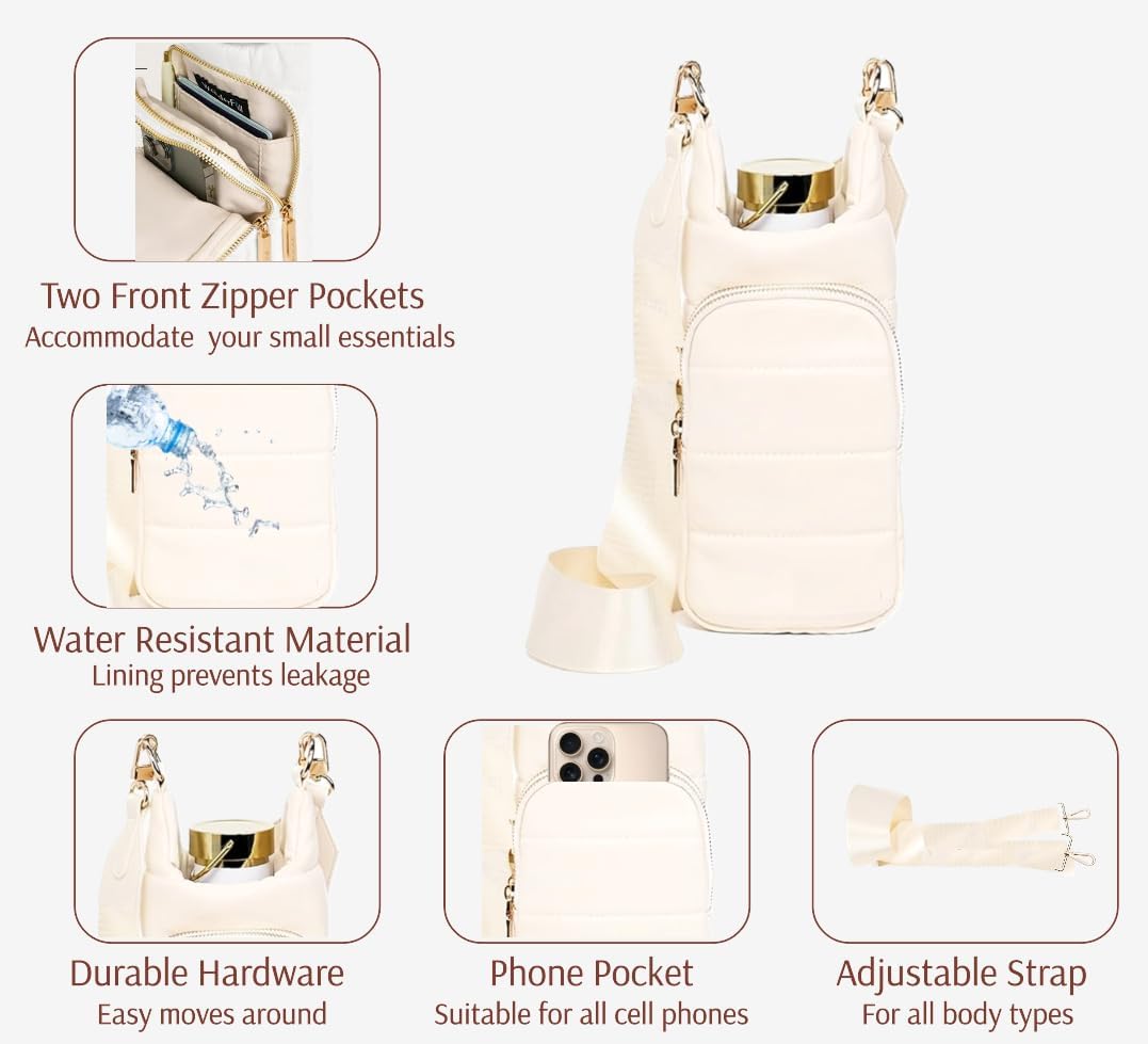 Original Crossbody Water Bottle Holder Bag with Strap.Stylish Puffer Bag.Pockets for Phone & Accessories.BEST GIFT