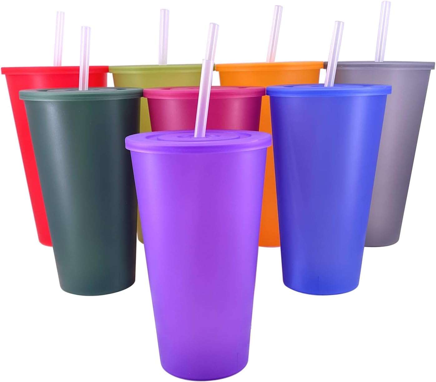 24 oz Cup with Lid Straw set of 8, Reusable Plastic Tumbler Vibrant | Coffee, BPA Free, Food Grade PP, Leak-Proof Lid, Unbreakable, Lightweight, Elderly Kids Safe, Kitchen Party Camping Outdoor