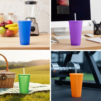 24 oz Cup with Lid Straw set of 8, Reusable Plastic Tumbler Vibrant | Coffee, BPA Free, Food Grade PP, Leak-Proof Lid, Unbreakable, Lightweight, Elderly Kids Safe, Kitchen Party Camping Outdoor