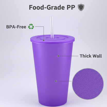 24 oz Cup with Lid Straw set of 8, Reusable Plastic Tumbler Vibrant | Coffee, BPA Free, Food Grade PP, Leak-Proof Lid, Unbreakable, Lightweight, Elderly Kids Safe, Kitchen Party Camping Outdoor