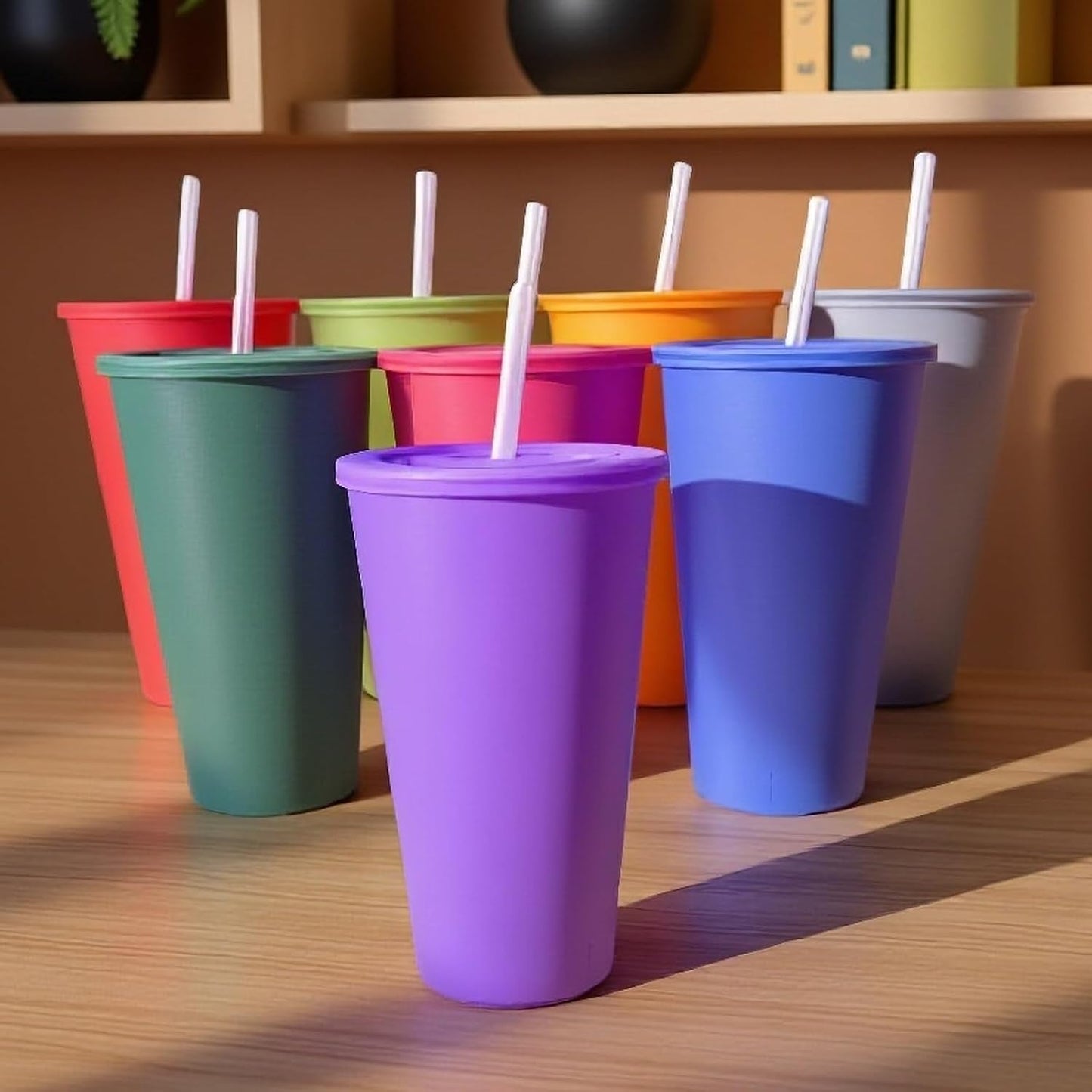 24 oz Cup with Lid Straw set of 8, Reusable Plastic Tumbler Vibrant | Coffee, BPA Free, Food Grade PP, Leak-Proof Lid, Unbreakable, Lightweight, Elderly Kids Safe, Kitchen Party Camping Outdoor