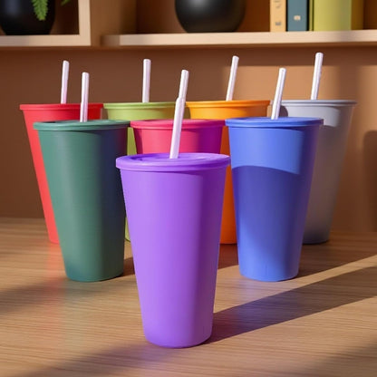 24 oz Cup with Lid Straw set of 8, Reusable Plastic Tumbler Vibrant | Coffee, BPA Free, Food Grade PP, Leak-Proof Lid, Unbreakable, Lightweight, Elderly Kids Safe, Kitchen Party Camping Outdoor