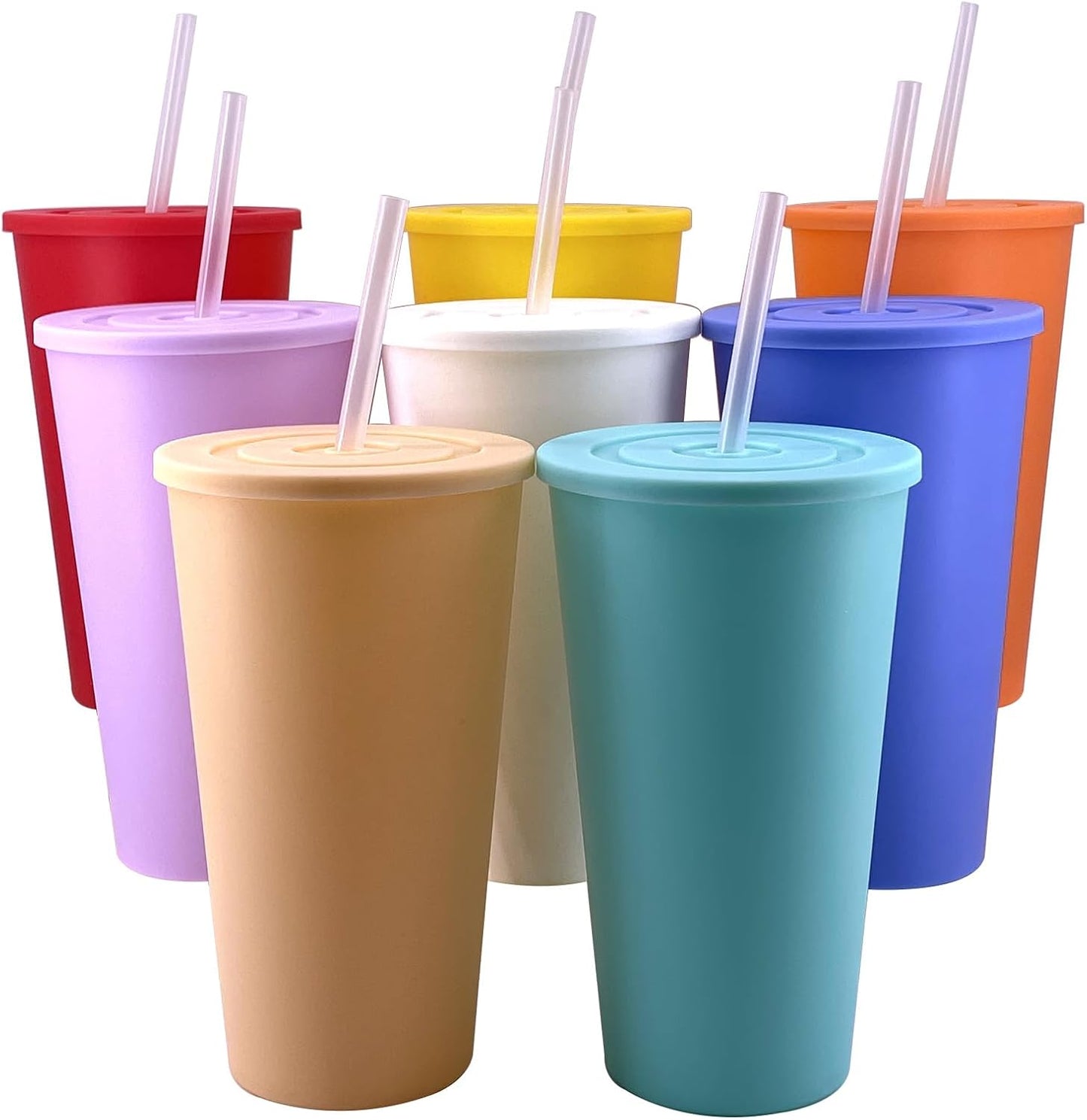 24 oz Cup with Lid Straw set of 8, Reusable Plastic Tumbler Vibrant | Coffee, BPA Free, Food Grade PP, Leak-Proof Lid, Unbreakable, Lightweight, Elderly Kids Safe, Kitchen Party Camping Outdoor