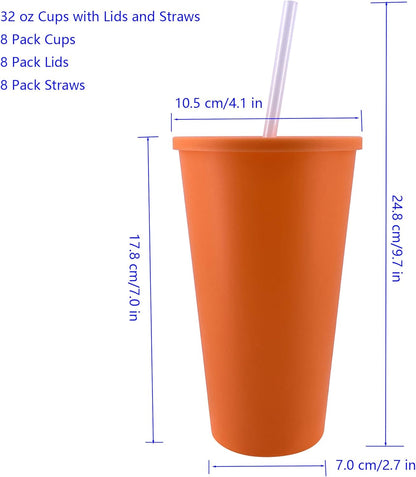 24 oz Cup with Lid Straw set of 8, Reusable Plastic Tumbler Vibrant | Coffee, BPA Free, Food Grade PP, Leak-Proof Lid, Unbreakable, Lightweight, Elderly Kids Safe, Kitchen Party Camping Outdoor