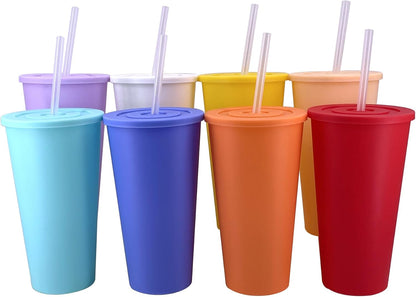 24 oz Cup with Lid Straw set of 8, Reusable Plastic Tumbler Vibrant | Coffee, BPA Free, Food Grade PP, Leak-Proof Lid, Unbreakable, Lightweight, Elderly Kids Safe, Kitchen Party Camping Outdoor