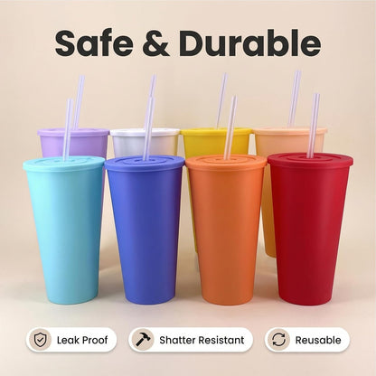 24 oz Cup with Lid Straw set of 8, Reusable Plastic Tumbler Vibrant | Coffee, BPA Free, Food Grade PP, Leak-Proof Lid, Unbreakable, Lightweight, Elderly Kids Safe, Kitchen Party Camping Outdoor