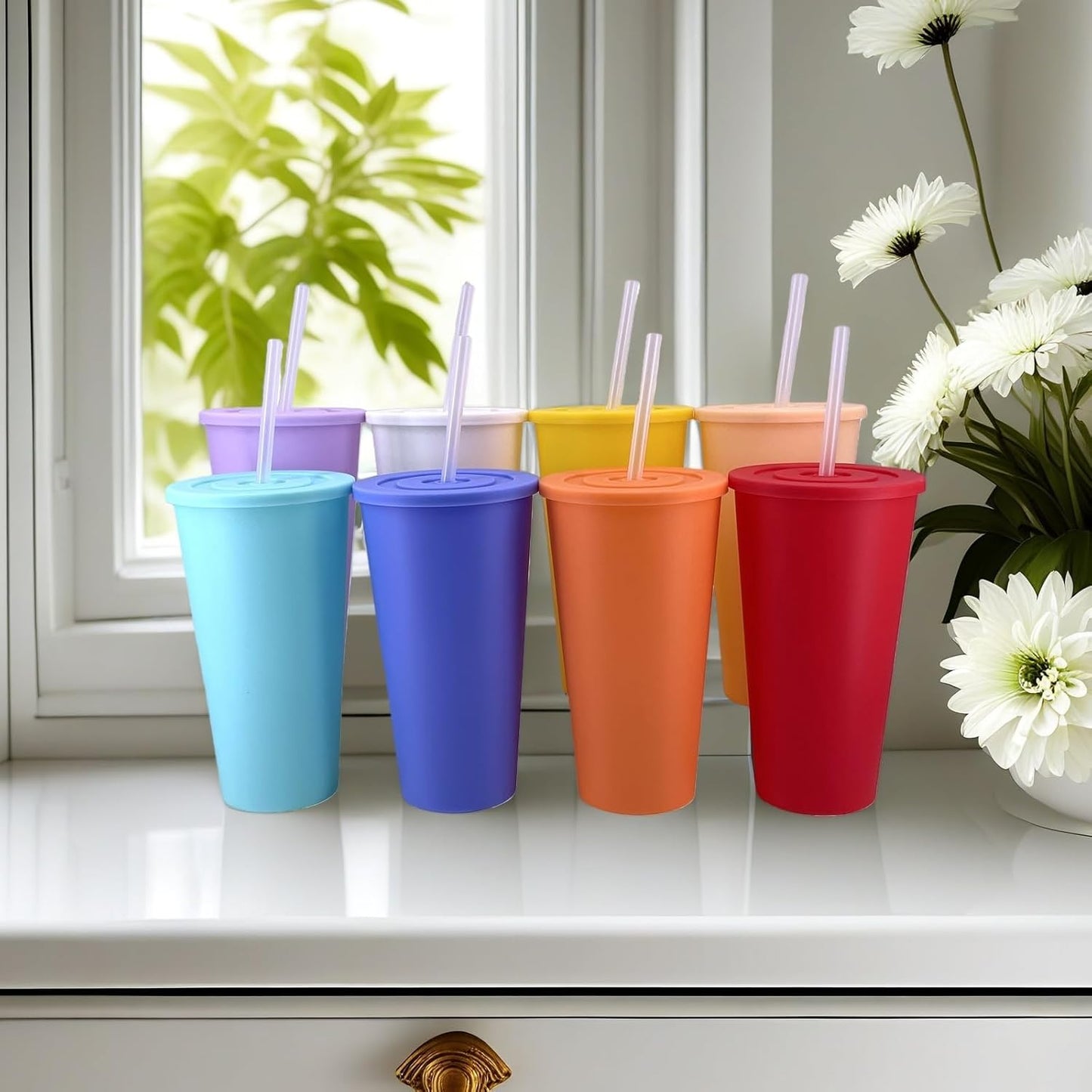 24 oz Cup with Lid Straw set of 8, Reusable Plastic Tumbler Vibrant | Coffee, BPA Free, Food Grade PP, Leak-Proof Lid, Unbreakable, Lightweight, Elderly Kids Safe, Kitchen Party Camping Outdoor