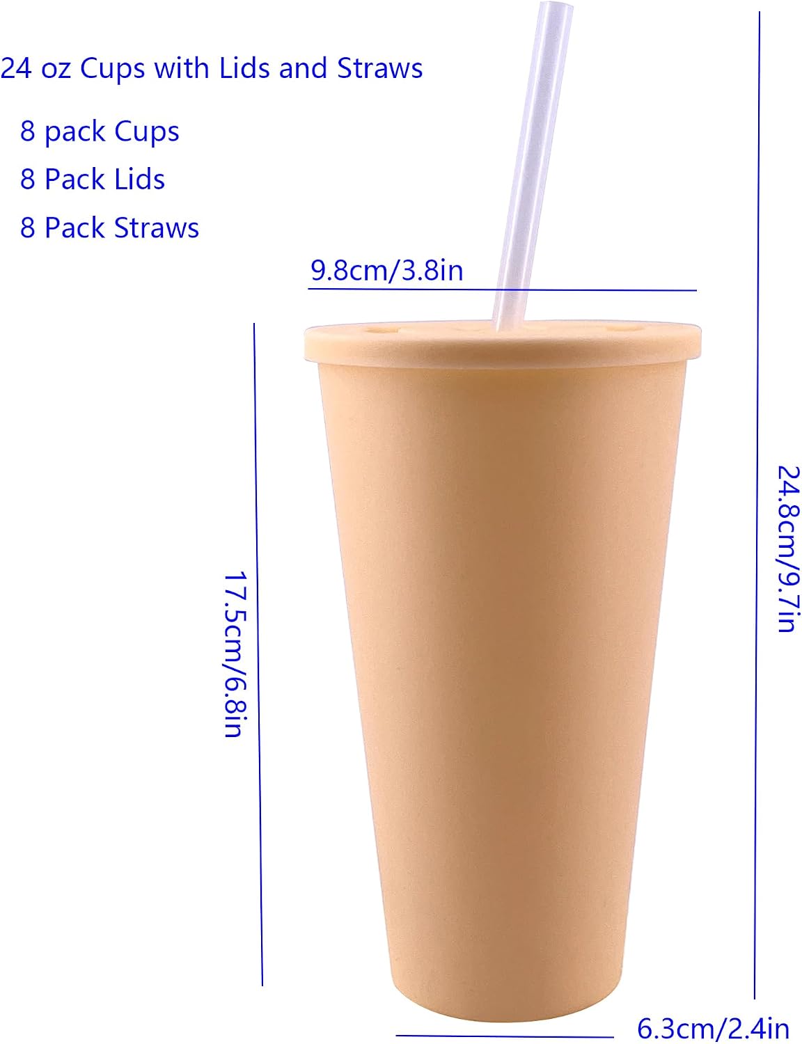 24 oz Cup with Lid Straw set of 8, Reusable Plastic Tumbler Vibrant | Coffee, BPA Free, Food Grade PP, Leak-Proof Lid, Unbreakable, Lightweight, Elderly Kids Safe, Kitchen Party Camping Outdoor
