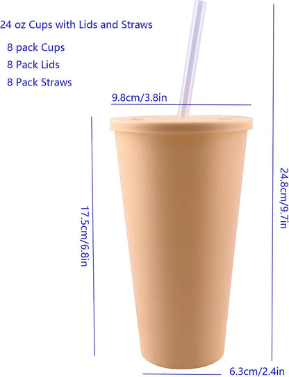 24 oz Cup with Lid Straw set of 8, Reusable Plastic Tumbler Vibrant | Coffee, BPA Free, Food Grade PP, Leak-Proof Lid, Unbreakable, Lightweight, Elderly Kids Safe, Kitchen Party Camping Outdoor
