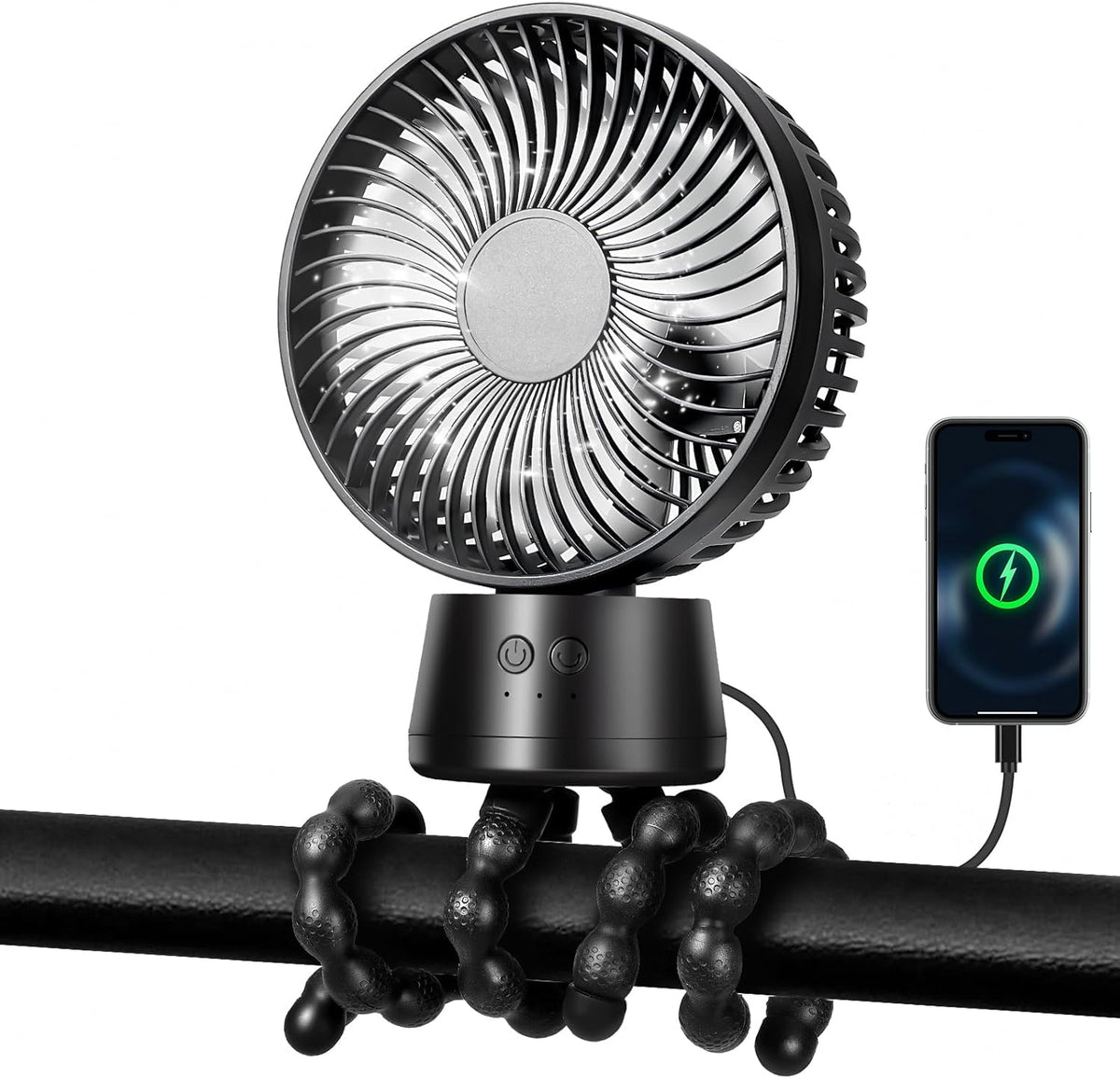 POPERFUN 50H Portable Stroller Fan, 15000mAh Ultra-Long Battery Powered Rechargeable Personal Fans, Tripod Clip Fan with Auto Rotation，3 Speed Desk Handheld Cooling for Travel Car Seat Bedroom