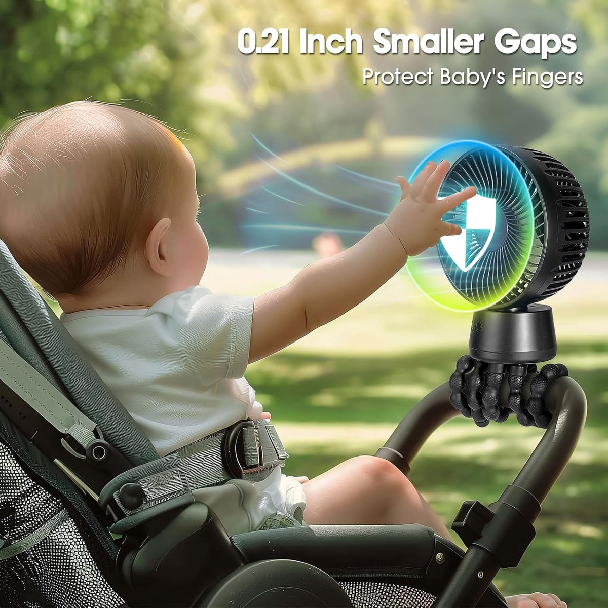 POPERFUN 50H Portable Stroller Fan, 15000mAh Ultra-Long Battery Powered Rechargeable Personal Fans, Tripod Clip Fan with Auto Rotation，3 Speed Desk Handheld Cooling for Travel Car Seat Bedroom