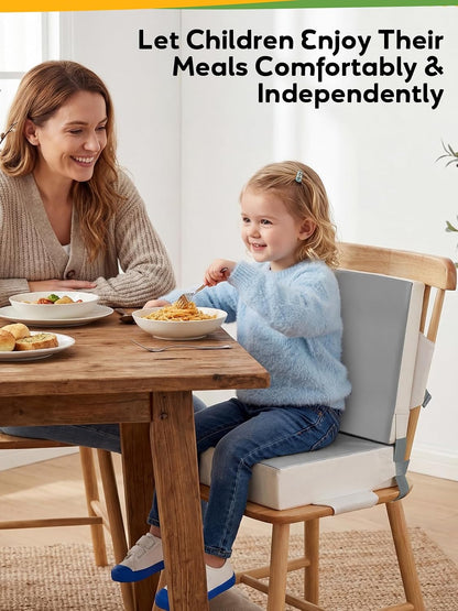 Booster Seat for Kitchen Chair - Toddler Booster Seat for Dining Table - PU Washable Double-Safety Straps with Buckle, Kids Portable Outdoor Booster Seat (Grey)