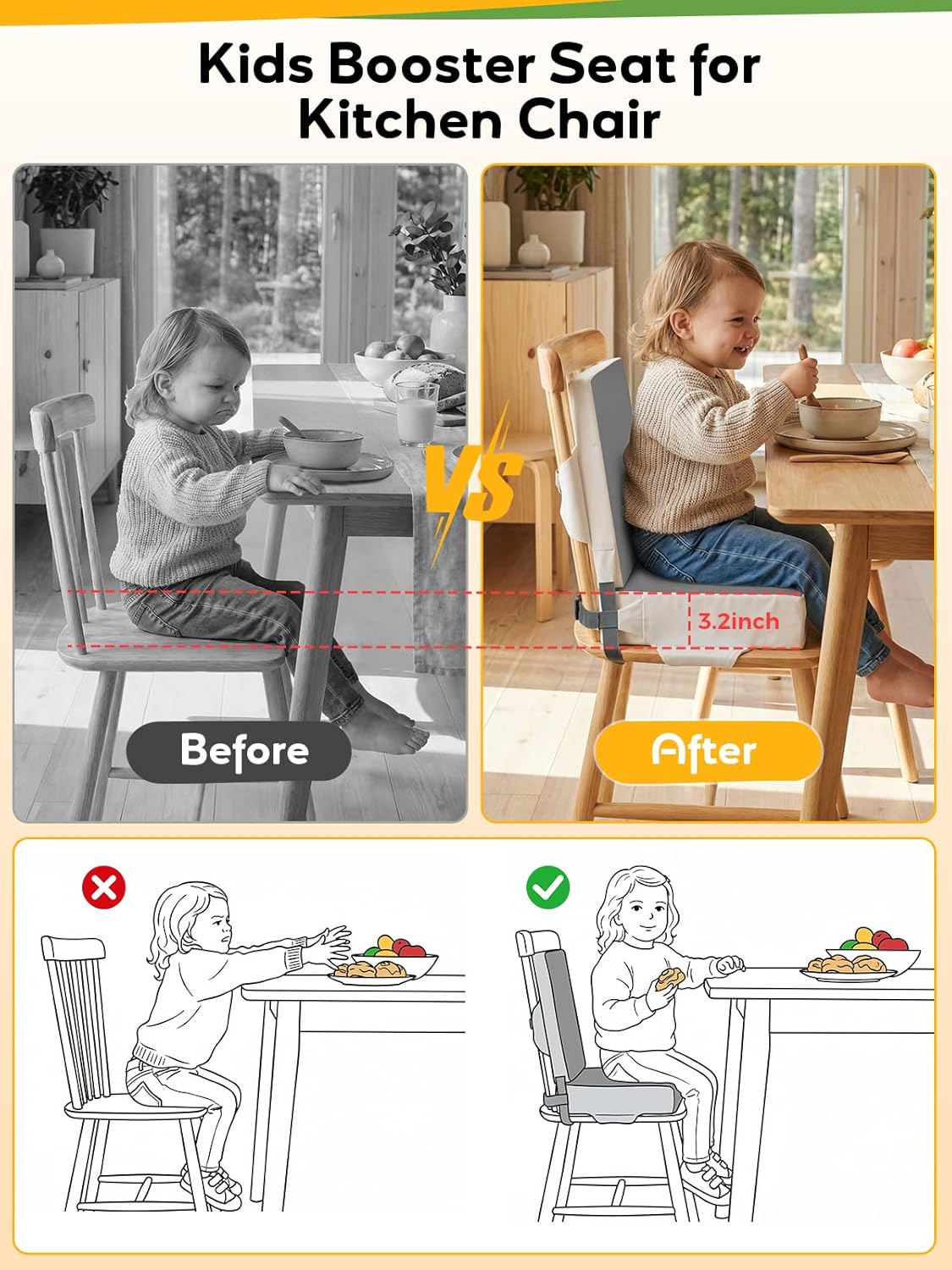 Booster Seat for Kitchen Chair - Toddler Booster Seat for Dining Table - PU Washable Double-Safety Straps with Buckle, Kids Portable Outdoor Booster Seat (Grey)