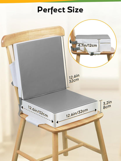 Booster Seat for Kitchen Chair - Toddler Booster Seat for Dining Table - PU Washable Double-Safety Straps with Buckle, Kids Portable Outdoor Booster Seat (Grey)