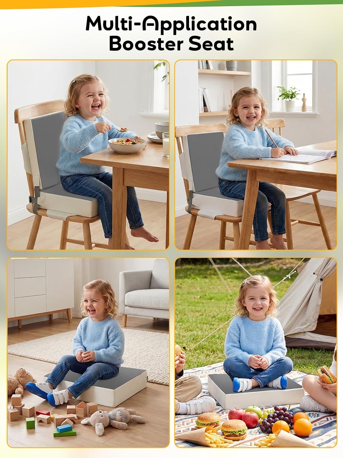 Booster Seat for Kitchen Chair - Toddler Booster Seat for Dining Table - PU Washable Double-Safety Straps with Buckle, Kids Portable Outdoor Booster Seat (Grey)