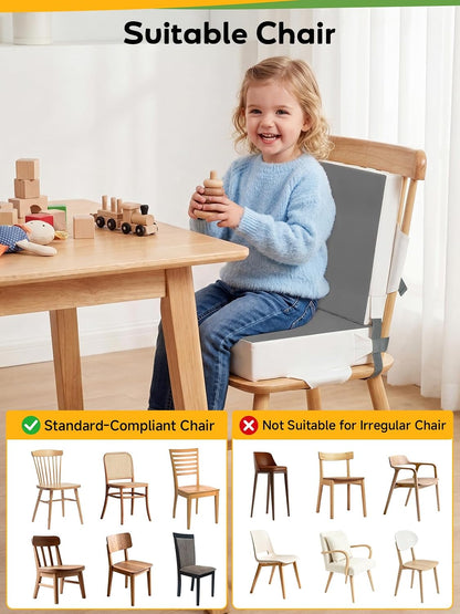 Booster Seat for Kitchen Chair - Toddler Booster Seat for Dining Table - PU Washable Double-Safety Straps with Buckle, Kids Portable Outdoor Booster Seat (Grey)