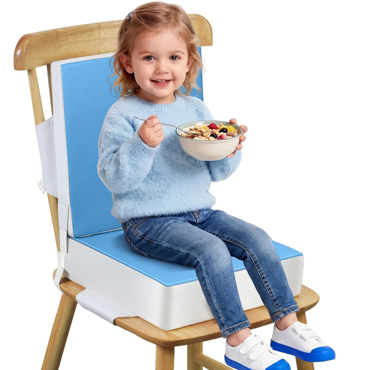 Booster Seat for Kitchen Chair - Toddler Booster Seat for Dining Table - PU Washable Double-Safety Straps with Buckle, Kids Portable Outdoor Booster Seat (Grey)