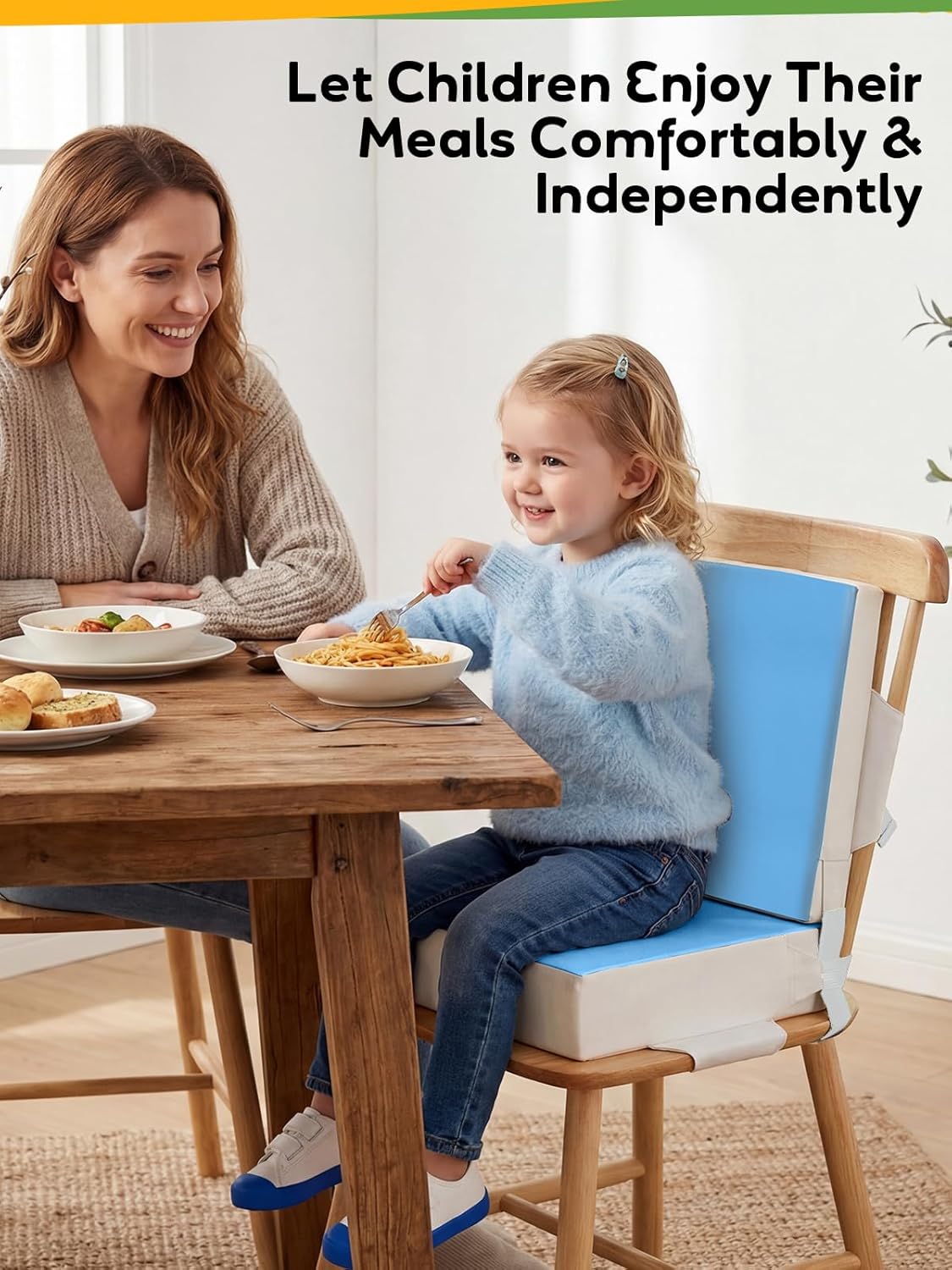 Booster Seat for Kitchen Chair - Toddler Booster Seat for Dining Table - PU Washable Double-Safety Straps with Buckle, Kids Portable Outdoor Booster Seat (Grey)