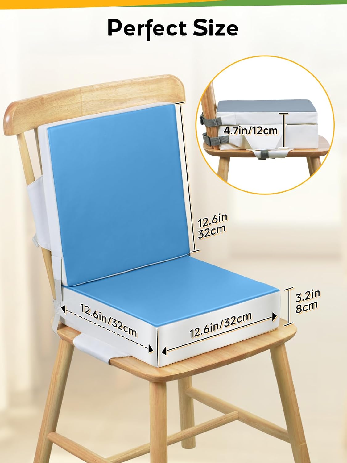 Booster Seat for Kitchen Chair - Toddler Booster Seat for Dining Table - PU Washable Double-Safety Straps with Buckle, Kids Portable Outdoor Booster Seat (Grey)