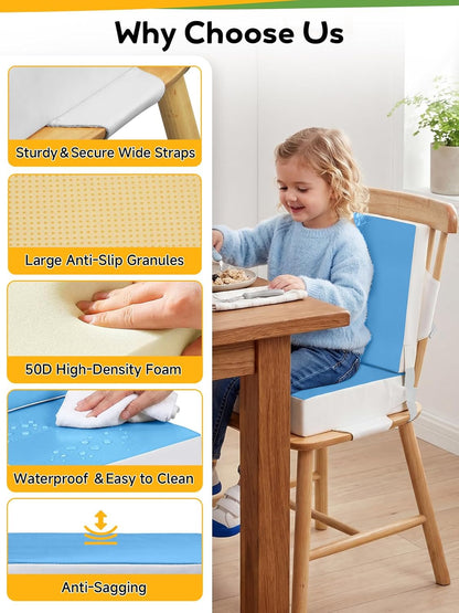 Booster Seat for Kitchen Chair - Toddler Booster Seat for Dining Table - PU Washable Double-Safety Straps with Buckle, Kids Portable Outdoor Booster Seat (Grey)