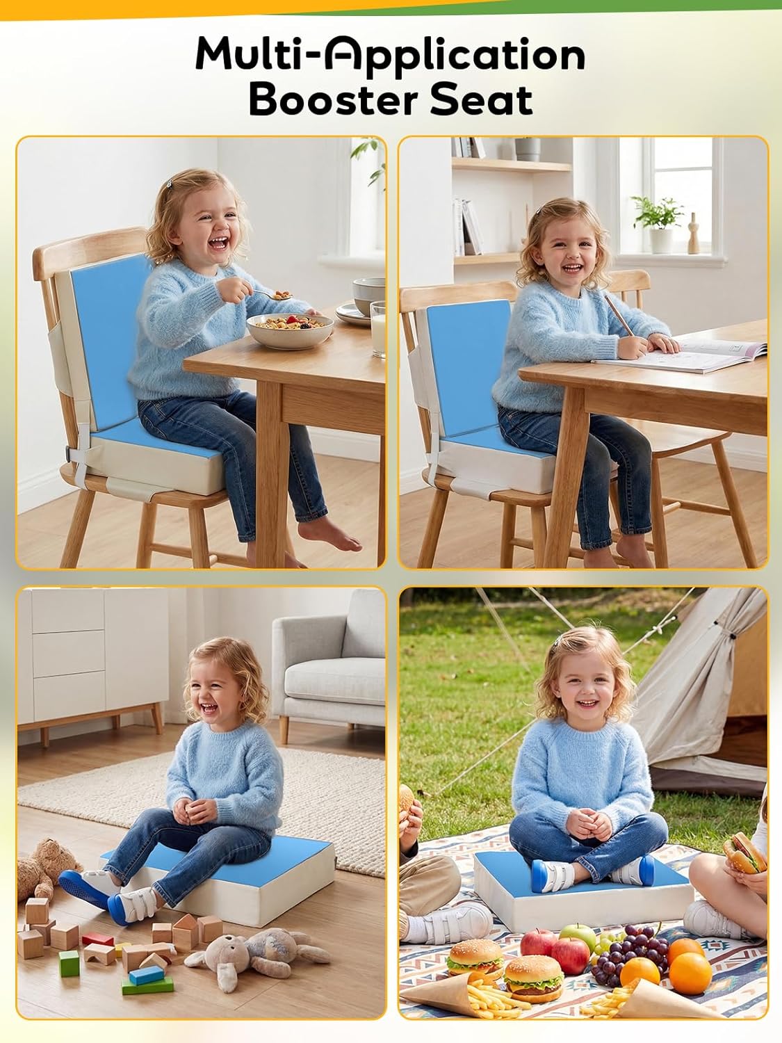 Booster Seat for Kitchen Chair - Toddler Booster Seat for Dining Table - PU Washable Double-Safety Straps with Buckle, Kids Portable Outdoor Booster Seat (Grey)