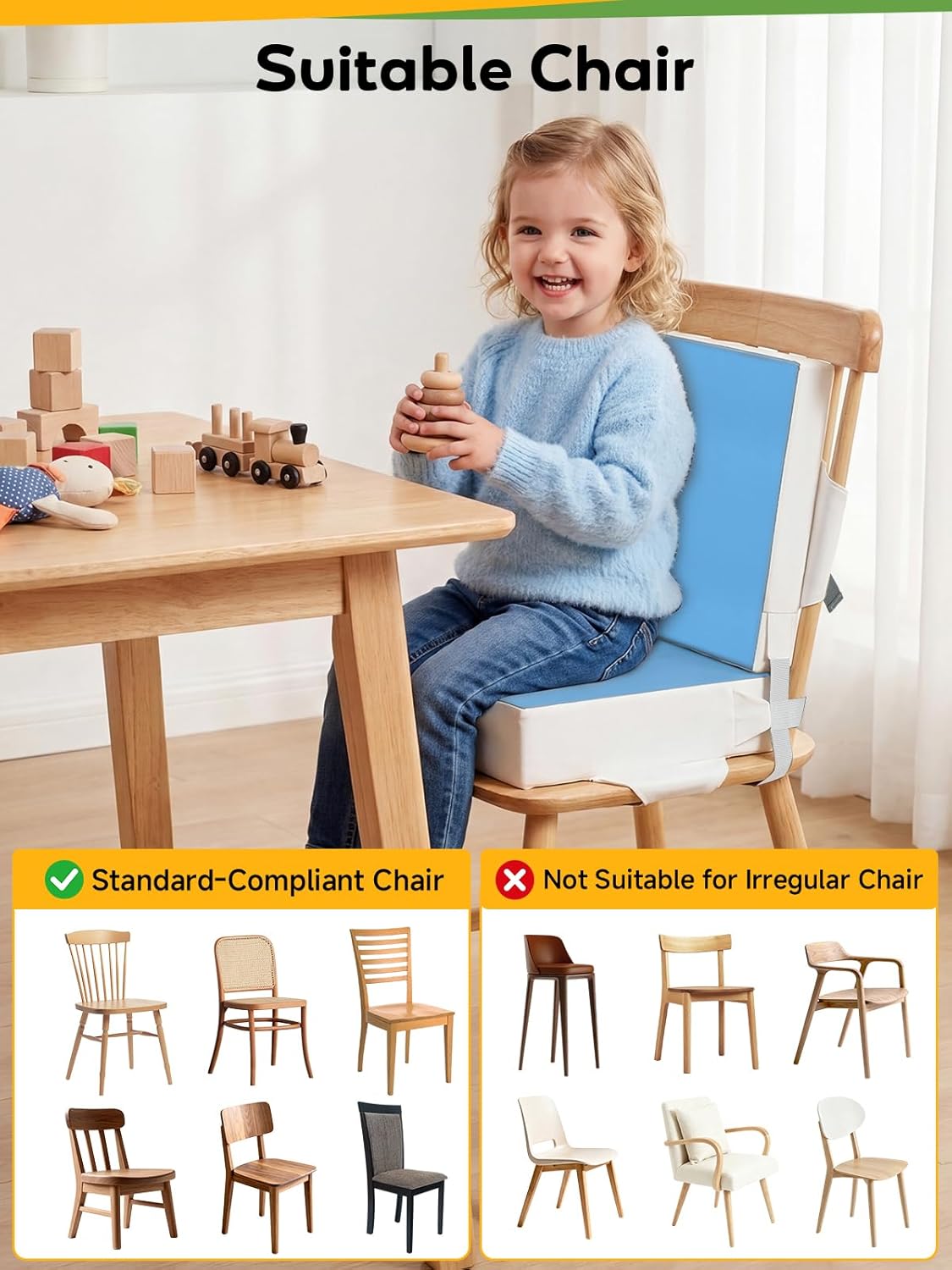 Booster Seat for Kitchen Chair - Toddler Booster Seat for Dining Table - PU Washable Double-Safety Straps with Buckle, Kids Portable Outdoor Booster Seat (Grey)