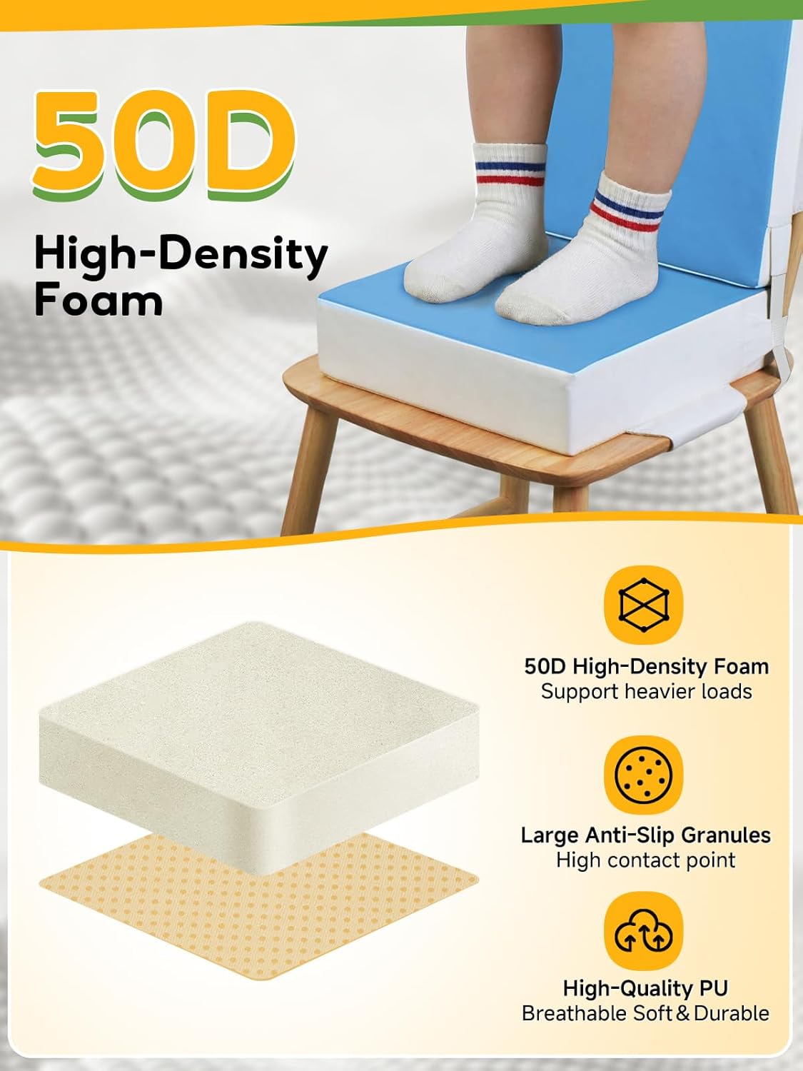 Booster Seat for Kitchen Chair - Toddler Booster Seat for Dining Table - PU Washable Double-Safety Straps with Buckle, Kids Portable Outdoor Booster Seat (Grey)