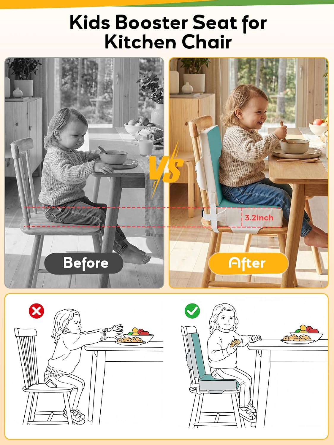 Booster Seat for Kitchen Chair - Toddler Booster Seat for Dining Table - PU Washable Double-Safety Straps with Buckle, Kids Portable Outdoor Booster Seat (Grey)