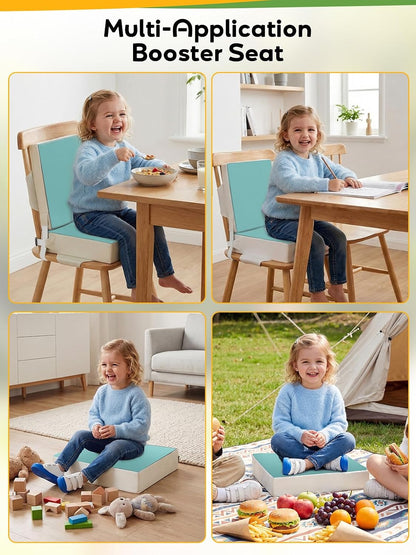 Booster Seat for Kitchen Chair - Toddler Booster Seat for Dining Table - PU Washable Double-Safety Straps with Buckle, Kids Portable Outdoor Booster Seat (Grey)