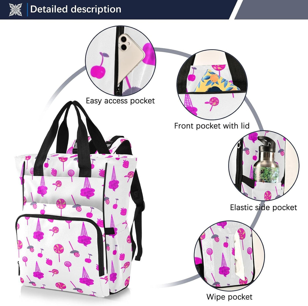 Diaper Bag Backpack, Multifunction Travel Bag for Moms Dads, Baby Changing Bag with Insulted Pockets, Stroller Straps and Side Bottle Pockets Colorful Treats Design