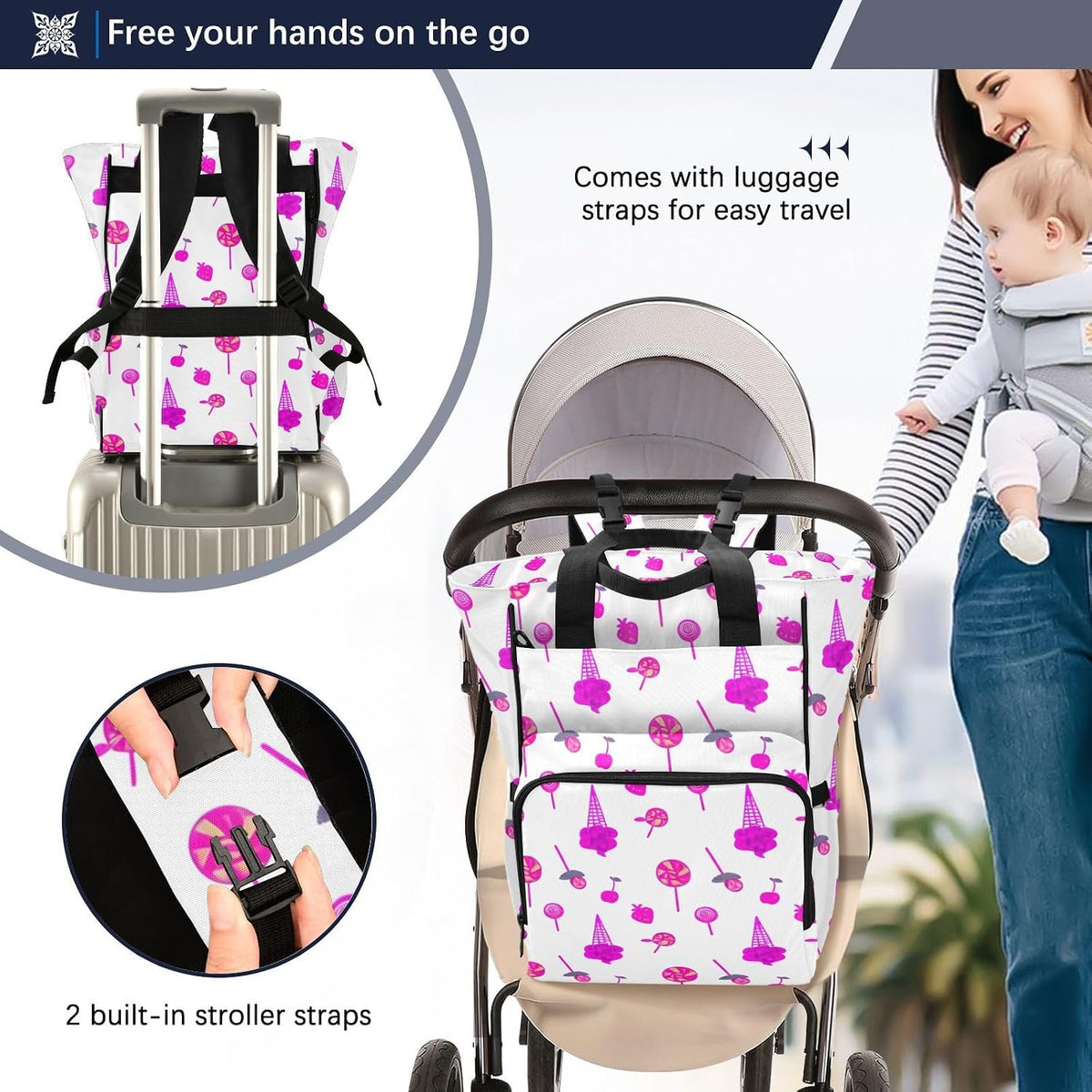 Diaper Bag Backpack, Multifunction Travel Bag for Moms Dads, Baby Changing Bag with Insulted Pockets, Stroller Straps and Side Bottle Pockets Colorful Treats Design