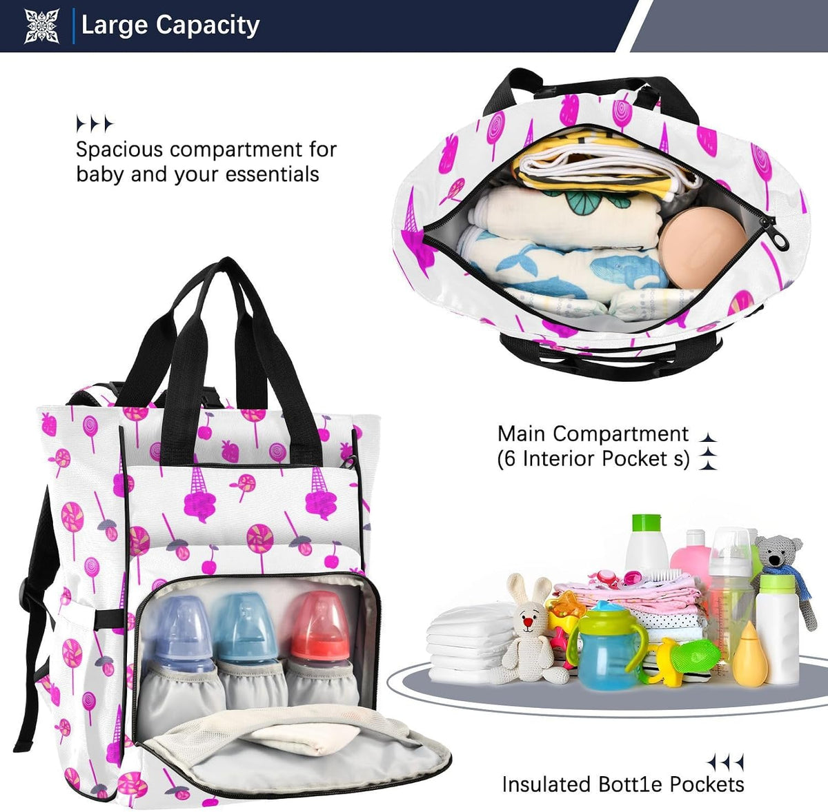 Diaper Bag Backpack, Multifunction Travel Bag for Moms Dads, Baby Changing Bag with Insulted Pockets, Stroller Straps and Side Bottle Pockets Colorful Treats Design
