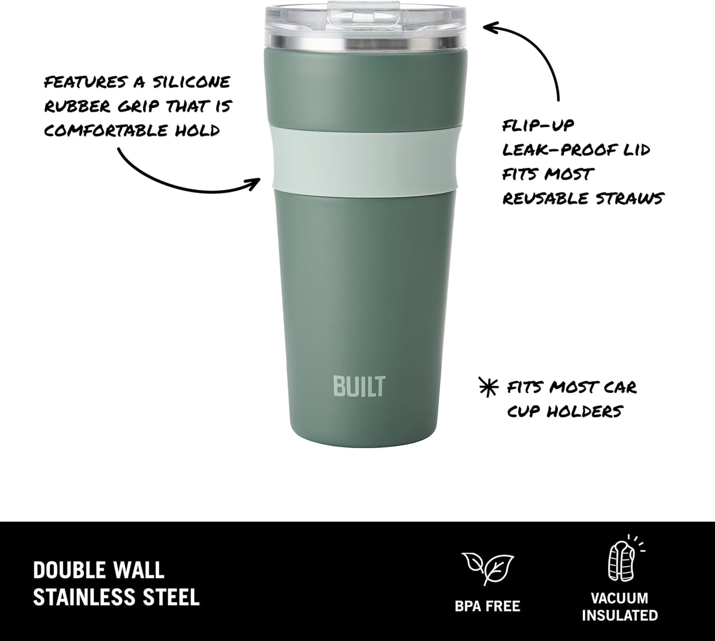 24 oz Stainless Steel Vacuum Insulated Tumbler - Sage Green Double Wall Travel Cup, Keeps Drinks Cold 24 Hours or Hot 8 Hours, Leak Proof Lid with Flip Straw, Silicone Grip