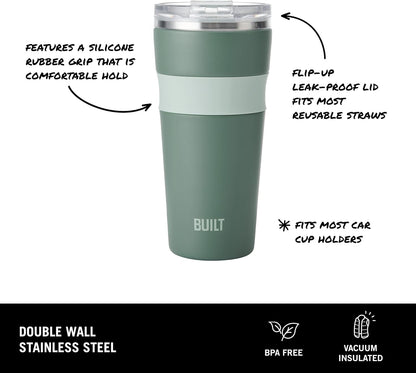 24 oz Stainless Steel Vacuum Insulated Tumbler - Sage Green Double Wall Travel Cup, Keeps Drinks Cold 24 Hours or Hot 8 Hours, Leak Proof Lid with Flip Straw, Silicone Grip
