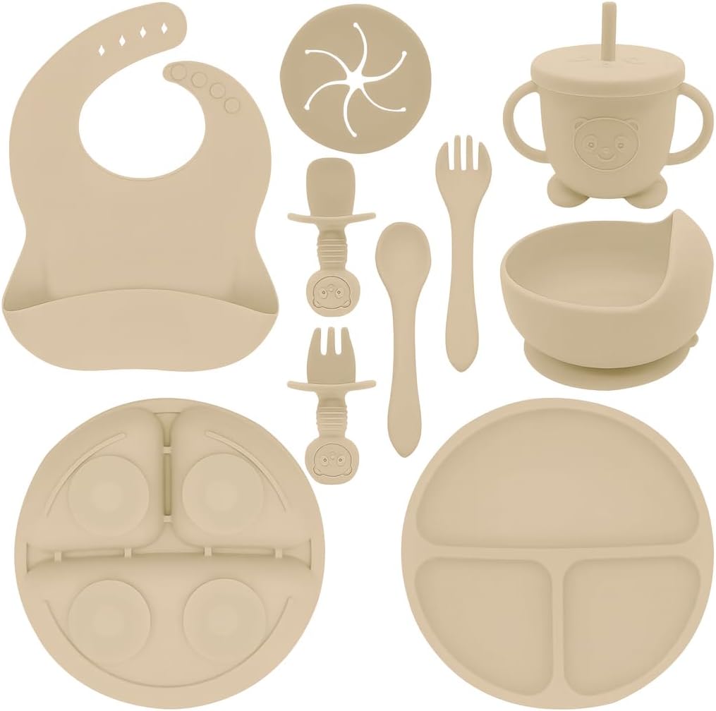 Silicone Baby Feeding Set | 9 PCS Baby Led Weaning Supplies Feeding Utensils | Divided Suction Plate Bowl Bib Cup Baby Spoons Forks | Toddler Eating Essentials-6+ Months (Pink)