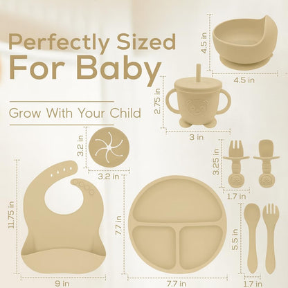 Silicone Baby Feeding Set | 9 PCS Baby Led Weaning Supplies Feeding Utensils | Divided Suction Plate Bowl Bib Cup Baby Spoons Forks | Toddler Eating Essentials-6+ Months (Pink)