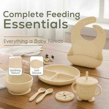 Silicone Baby Feeding Set | 9 PCS Baby Led Weaning Supplies Feeding Utensils | Divided Suction Plate Bowl Bib Cup Baby Spoons Forks | Toddler Eating Essentials-6+ Months (Pink)