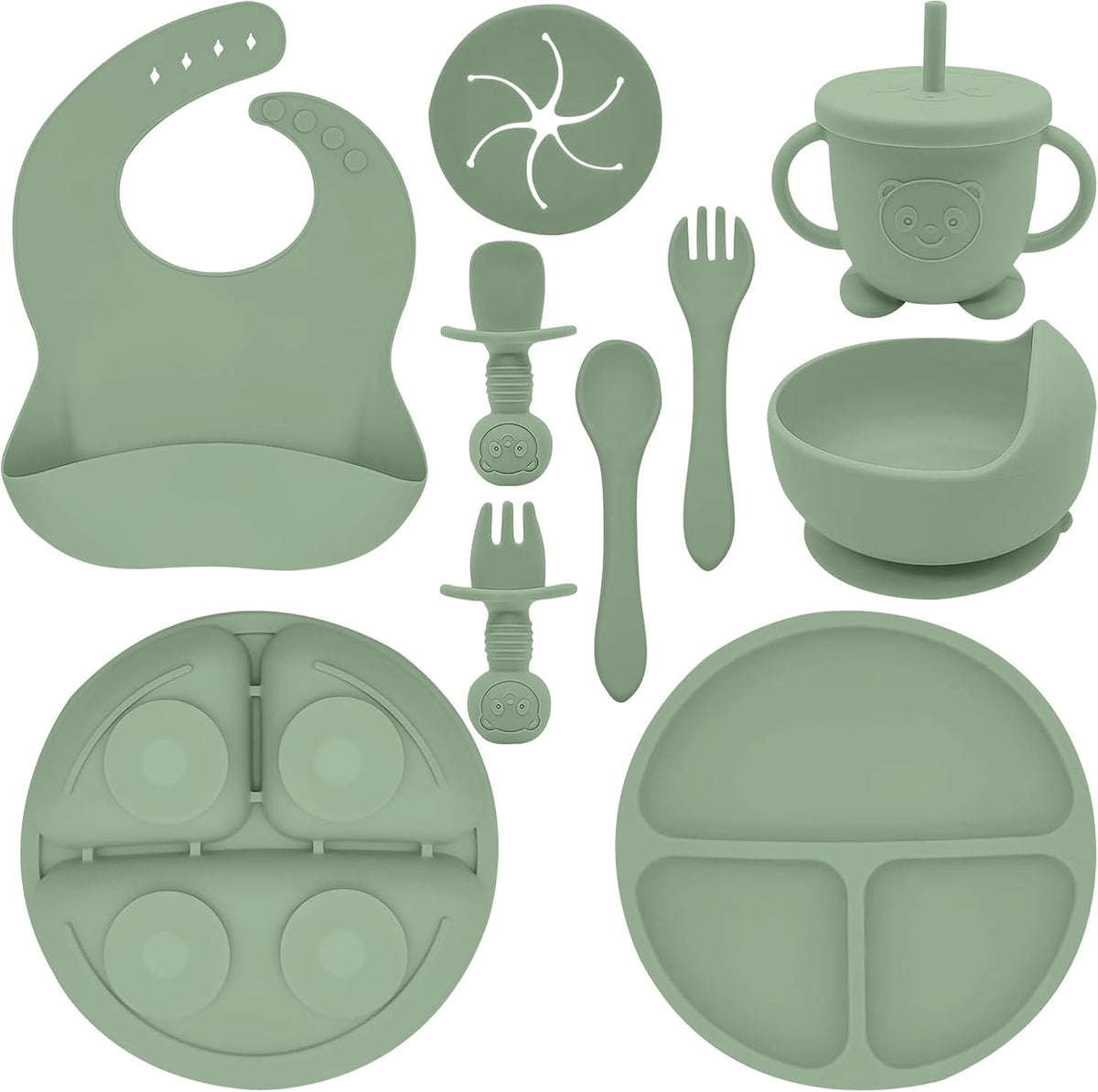 Silicone Baby Feeding Set | 9 PCS Baby Led Weaning Supplies Feeding Utensils | Divided Suction Plate Bowl Bib Cup Baby Spoons Forks | Toddler Eating Essentials-6+ Months (Pink)