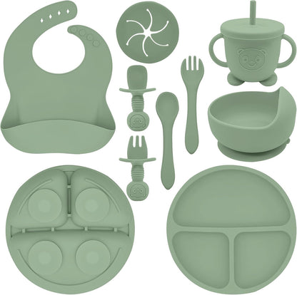 Silicone Baby Feeding Set | 9 PCS Baby Led Weaning Supplies Feeding Utensils | Divided Suction Plate Bowl Bib Cup Baby Spoons Forks | Toddler Eating Essentials-6+ Months (Pink)